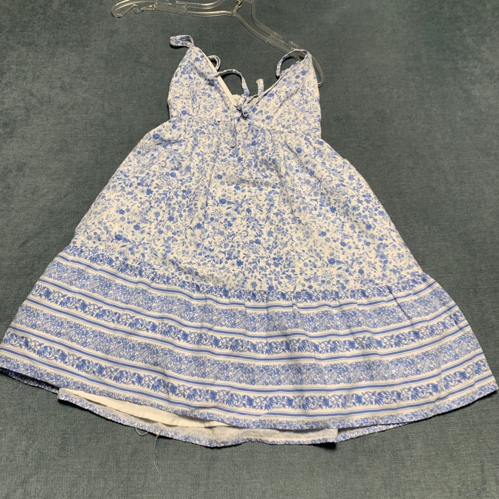 Hollister A Line Dress Womens XS White Blue Floral Lined Sleeveless Tie Front